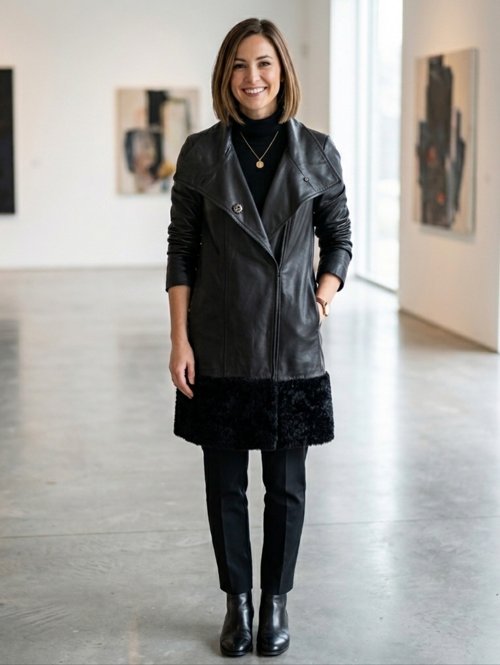 Nicole Miller Black Lambskin Leather Coat with Persian Lamb Fur Trim Size S